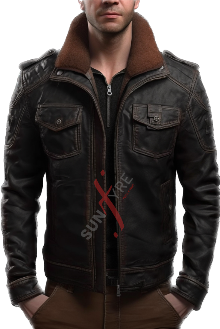 Sheepskin Distressed Black Bomber Leather Jacket For Men