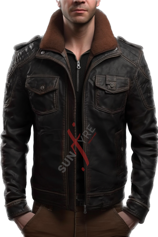 Sheepskin Distressed Black Bomber Leather Jacket For Men