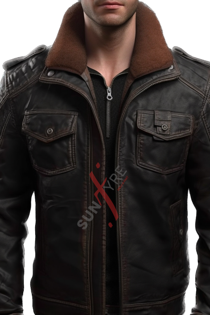 Distressed Black Bomber Leather Jacket For Men