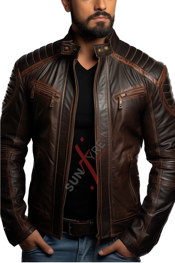 Sheepskin Cafe Racer Dark Shaded Brown Leather  Jacket For Men