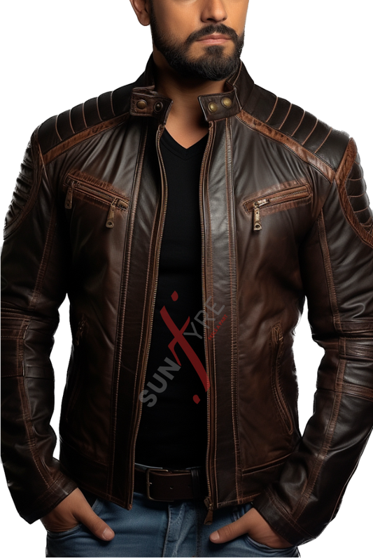 Sheepskin Cafe Racer Dark Shaded Brown Leather  Jacket For Men