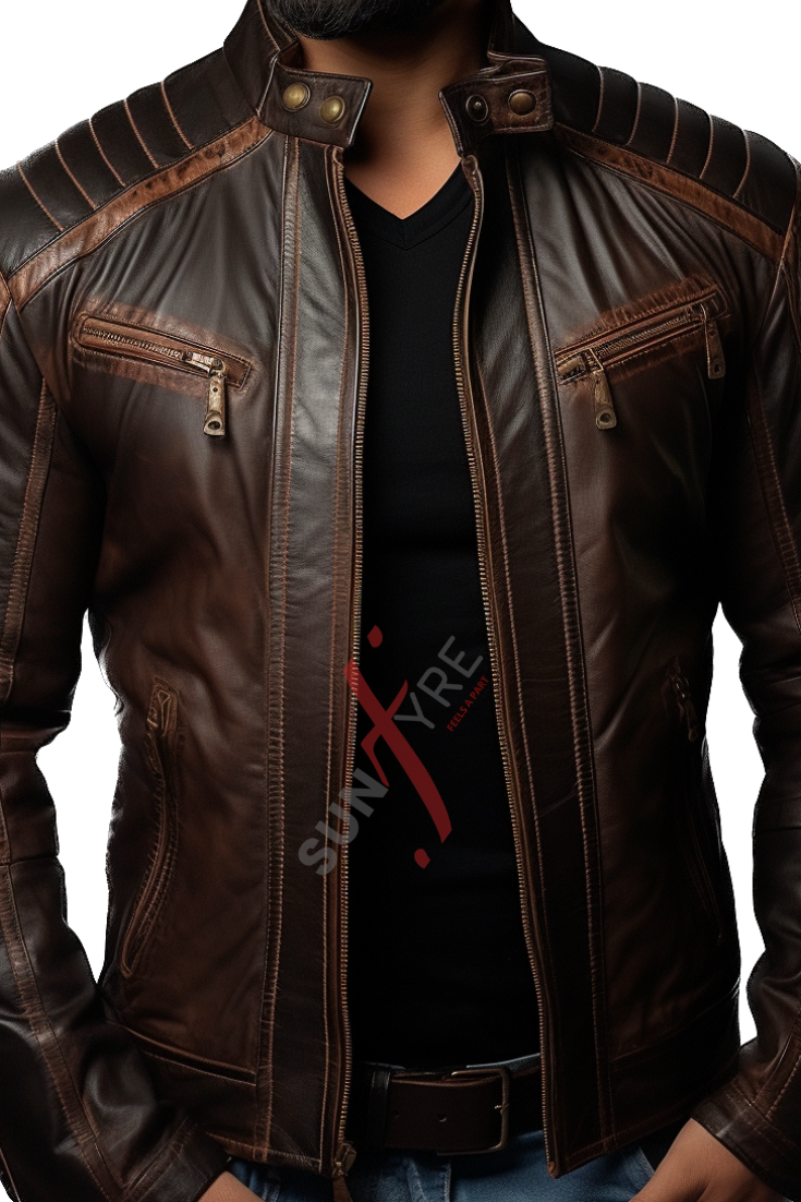 Cafe Racer Dark Shaded Brown Leather  Jacket For Men