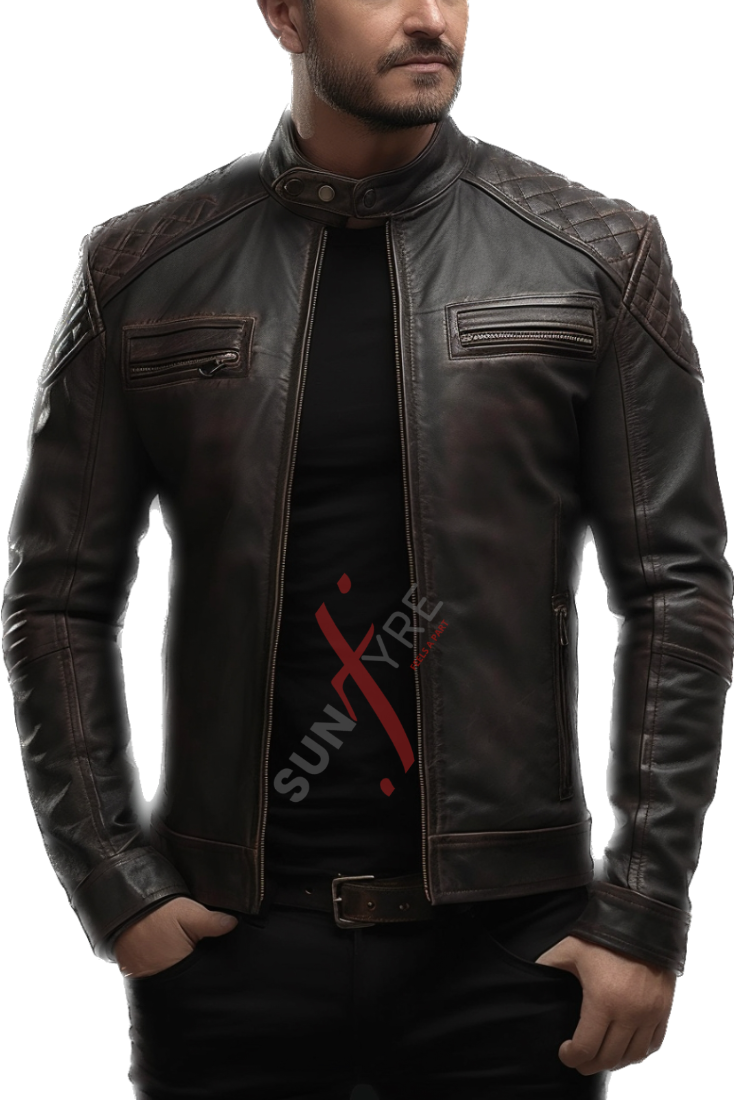 Real Sheepskin Cafe Racer Brown Distressed Leather Jacket For Men