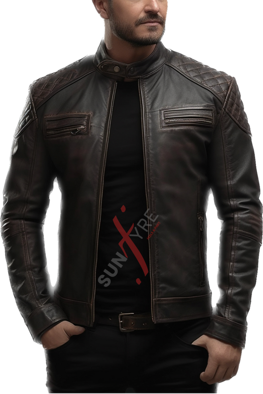 Real Sheepskin Cafe Racer Brown Distressed Leather Jacket For Men