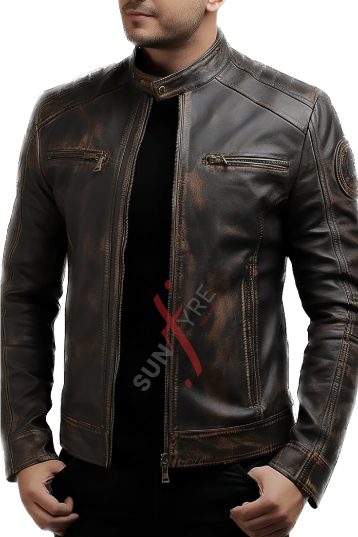 Real Sheepskin Cafe Racer Vintage style Brown Distressed Leather Jacket For Men