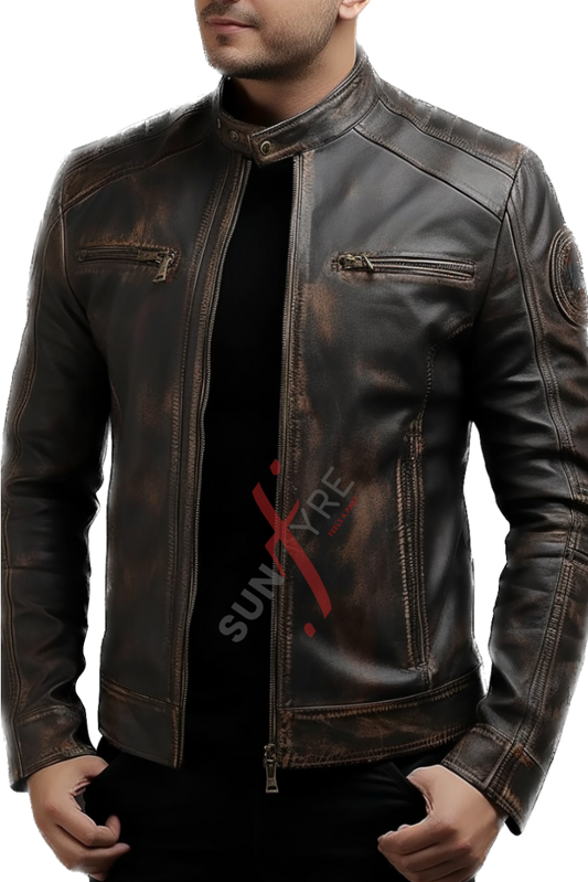 Real Sheepskin Cafe Racer Vintage style Brown Distressed Leather Jacket For Men