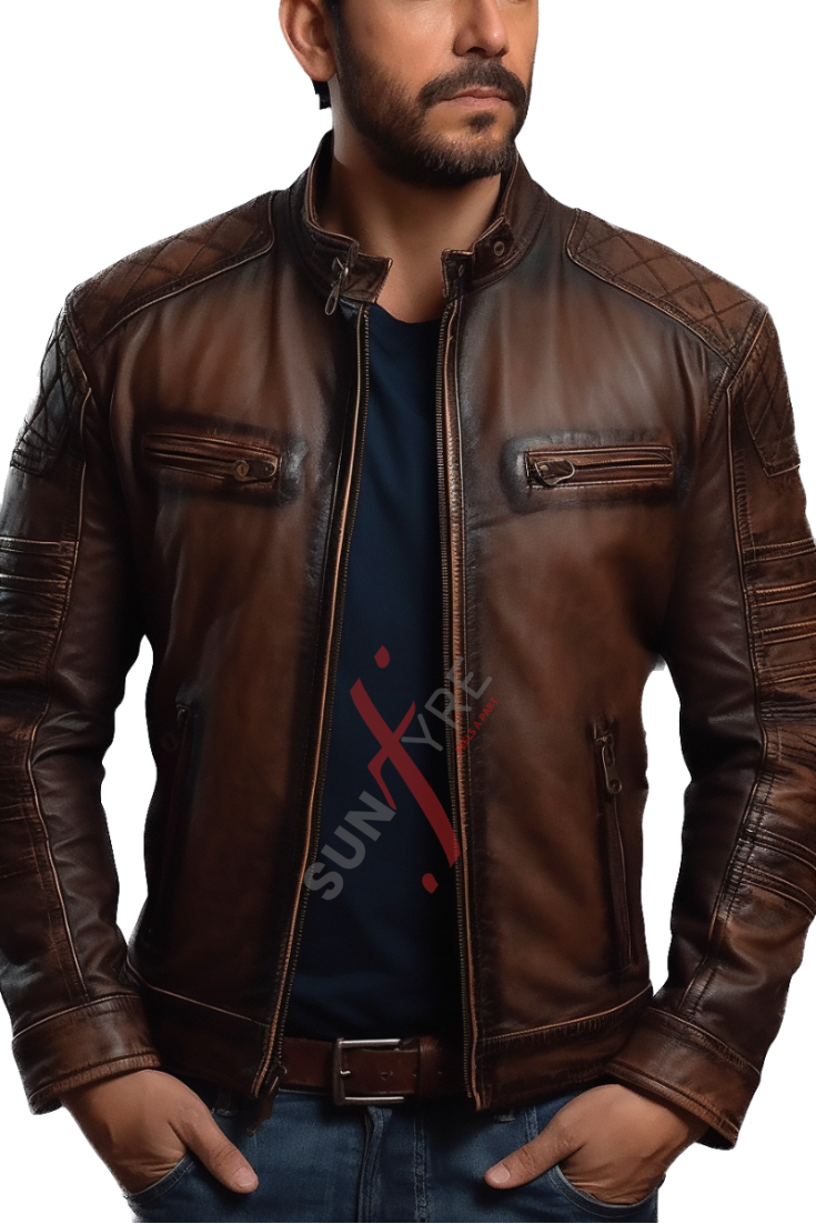 Original Sheepskin Distressed Cafe Racer Cognac Leather Jacket For Men