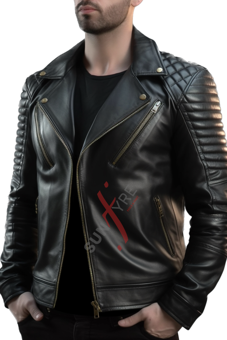 Black Quilted Motorcycle Leather Jacket For Men