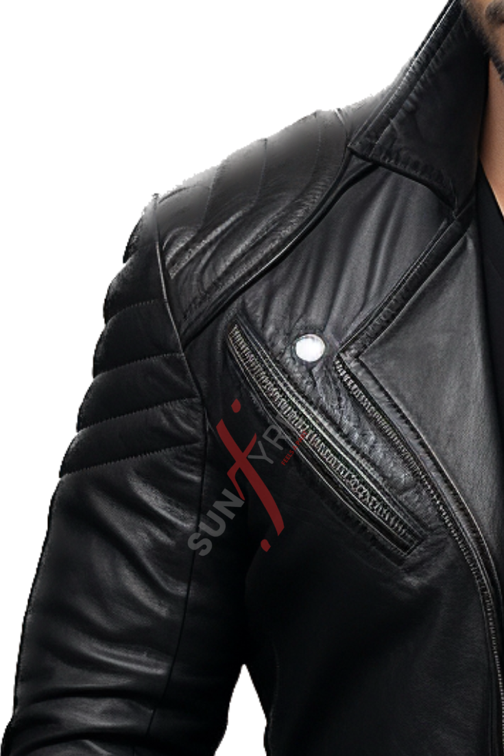  Black Two Button Quilted Leather Blazer For Men