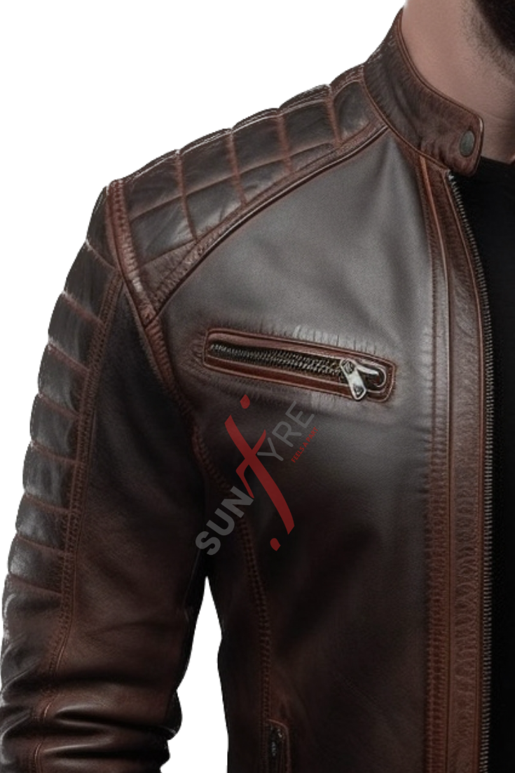 Dark Brown Quilted Rubbing Leather Jacket For Men