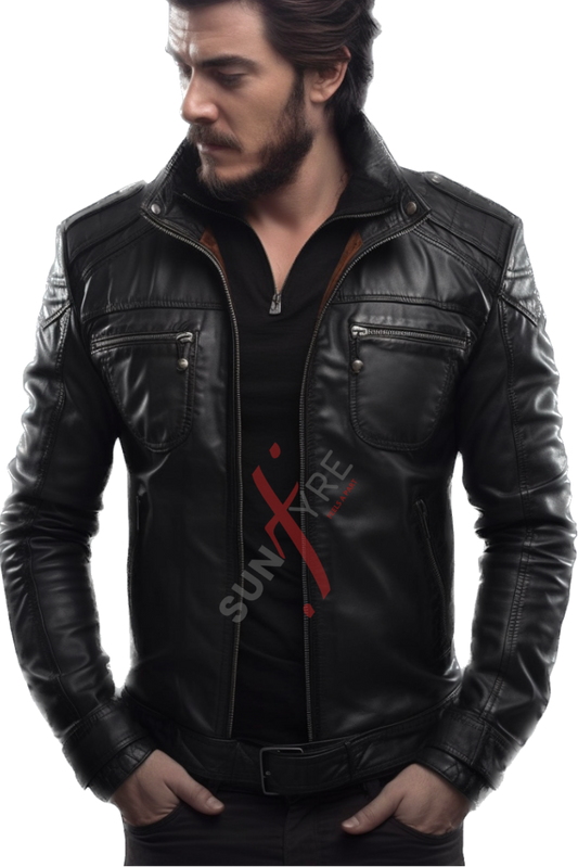 Real Sheepskin Black Cafe Racer Leather Jacket For Men