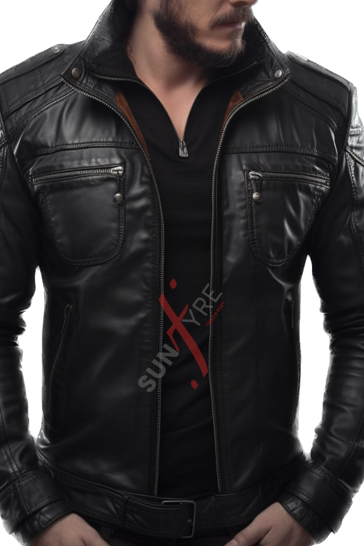 Sheepskin Black Cafe Racer Leather Jacket For Men