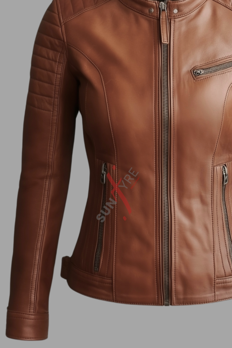 Austin Cafe Racer Tan Biker Leather Jacket For Women