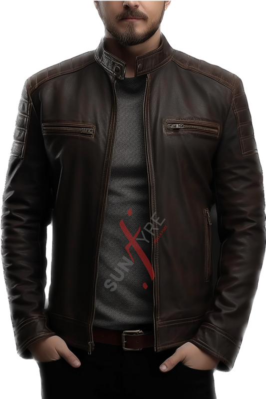 Real Sheepskin Distressed Cafe Racer Brown Leather Jacket For Men