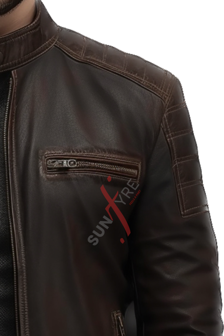 Distressed Cafe Racer Brown Leather Jacket For Men