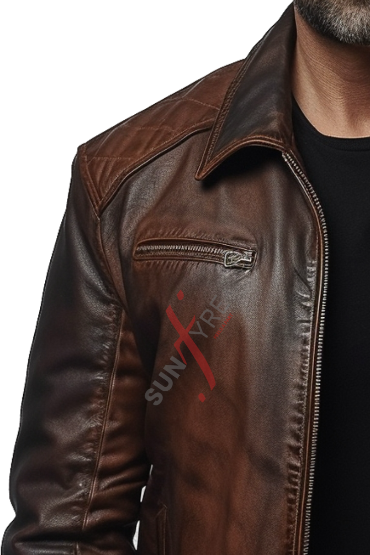 Vintage Shirt Collar Tan Biker Leather Jacket For Men