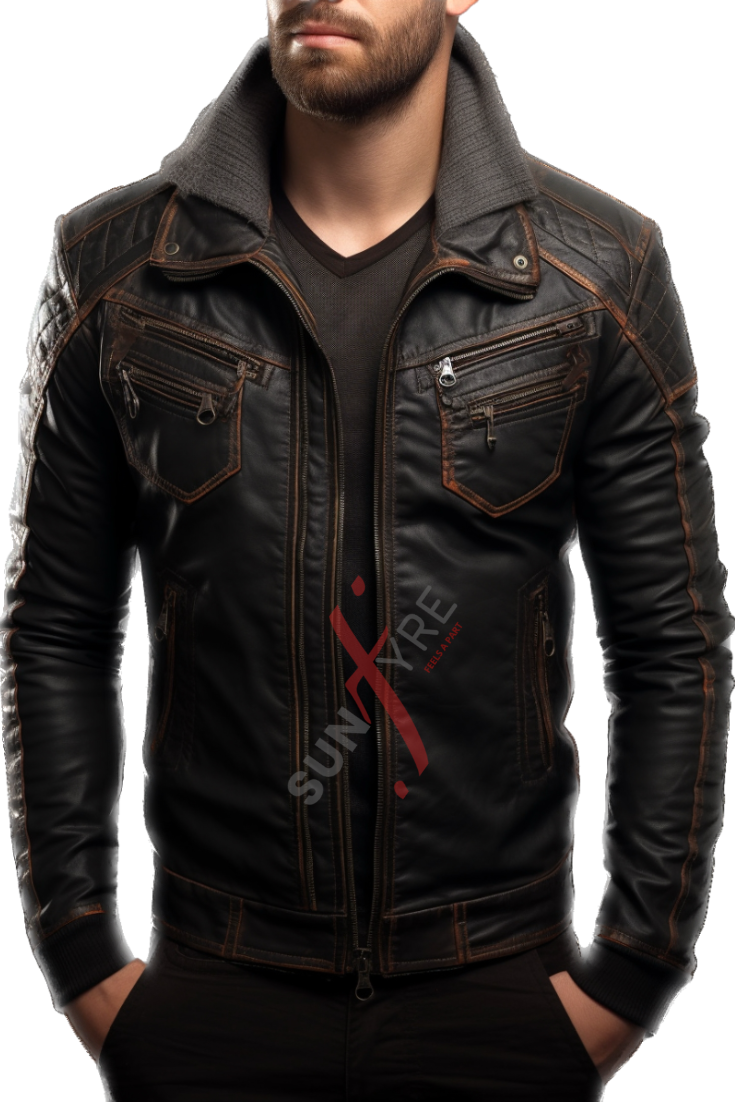 Sheepskin Black Rubbing Leather Bomber Jacket For Men