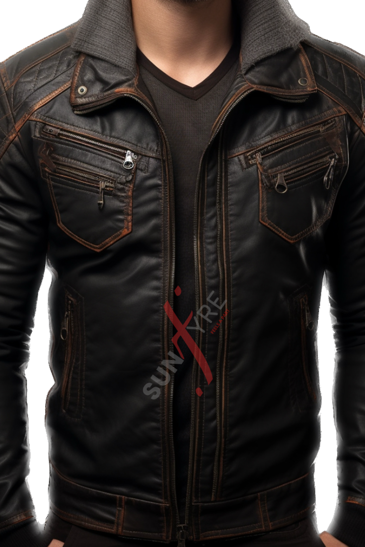 Black Rubbing Leather Bomber Jacket For Men