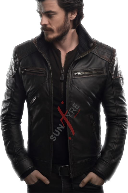 Real Sheepskin Black Cafe Racer Leather Jacket For Men