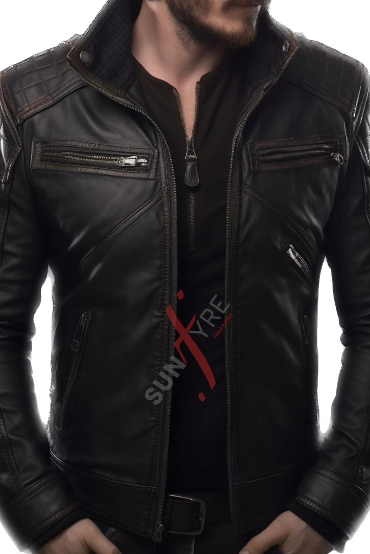 Black Cafe Racer Leather Jacket For Men