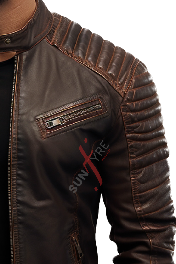 Brown Quilted With Tan Stitching Leather Jacket For Men