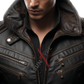 Stand up Collar Black BOMBER Leather Jacket For Men