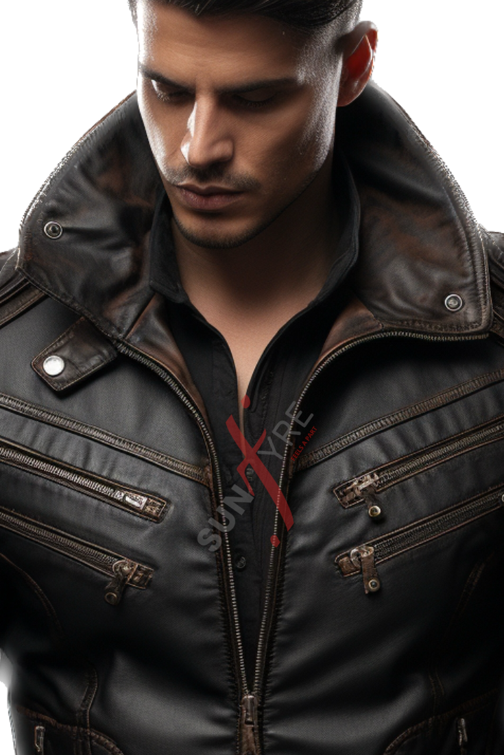 Stand up Collar Black BOMBER Leather Jacket For Men