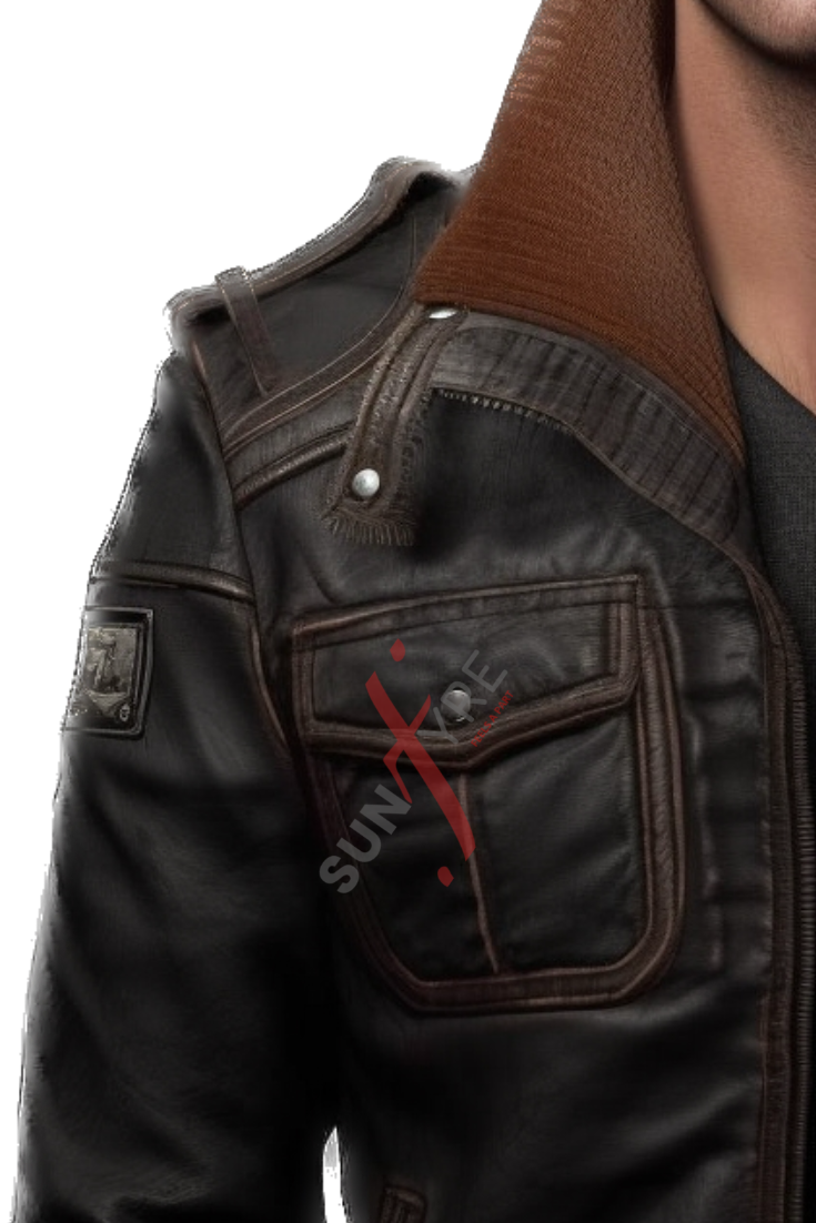 Black Bomber Leather Jacket For Men