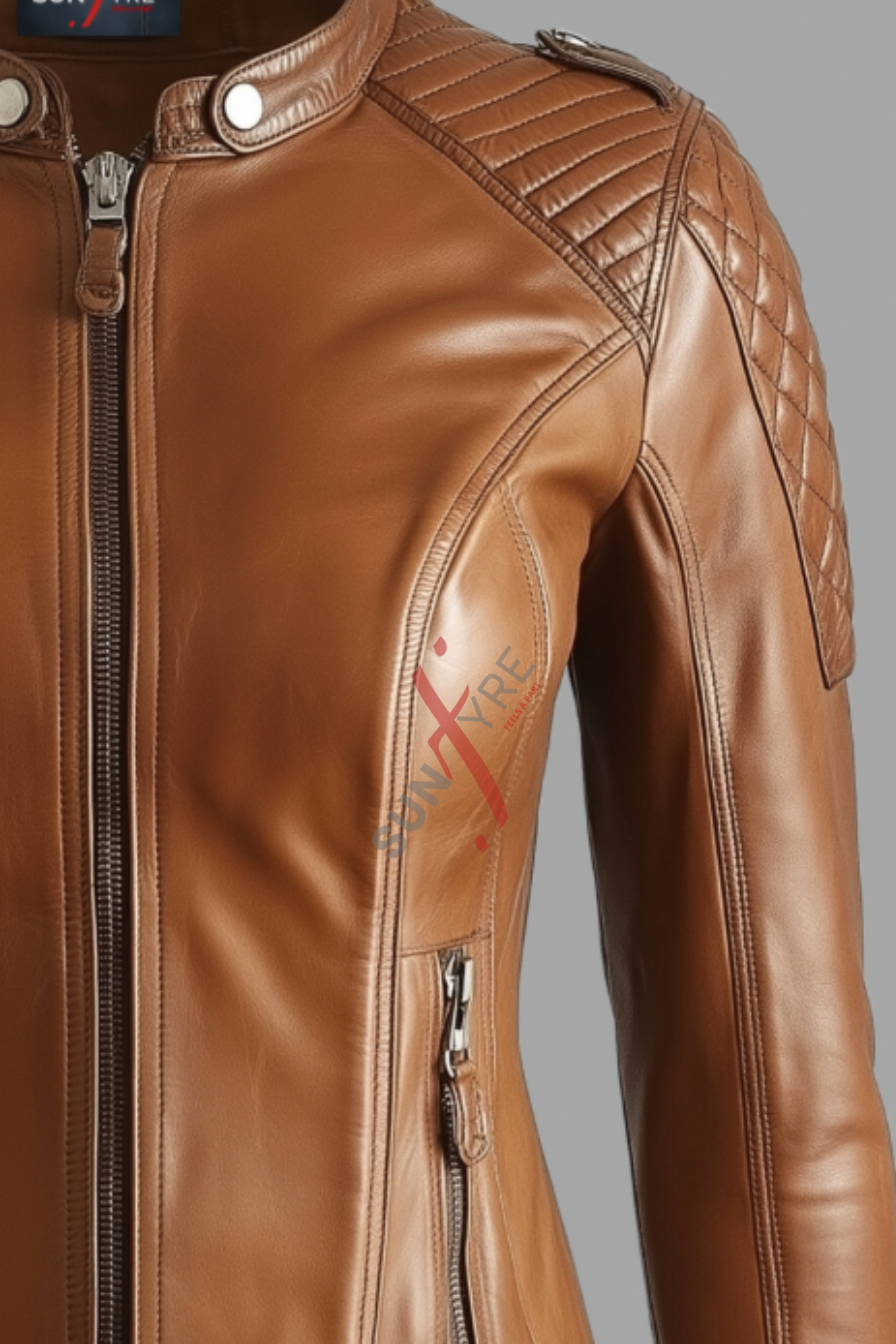  Tan Cafe Racer Leather Jacket For Women