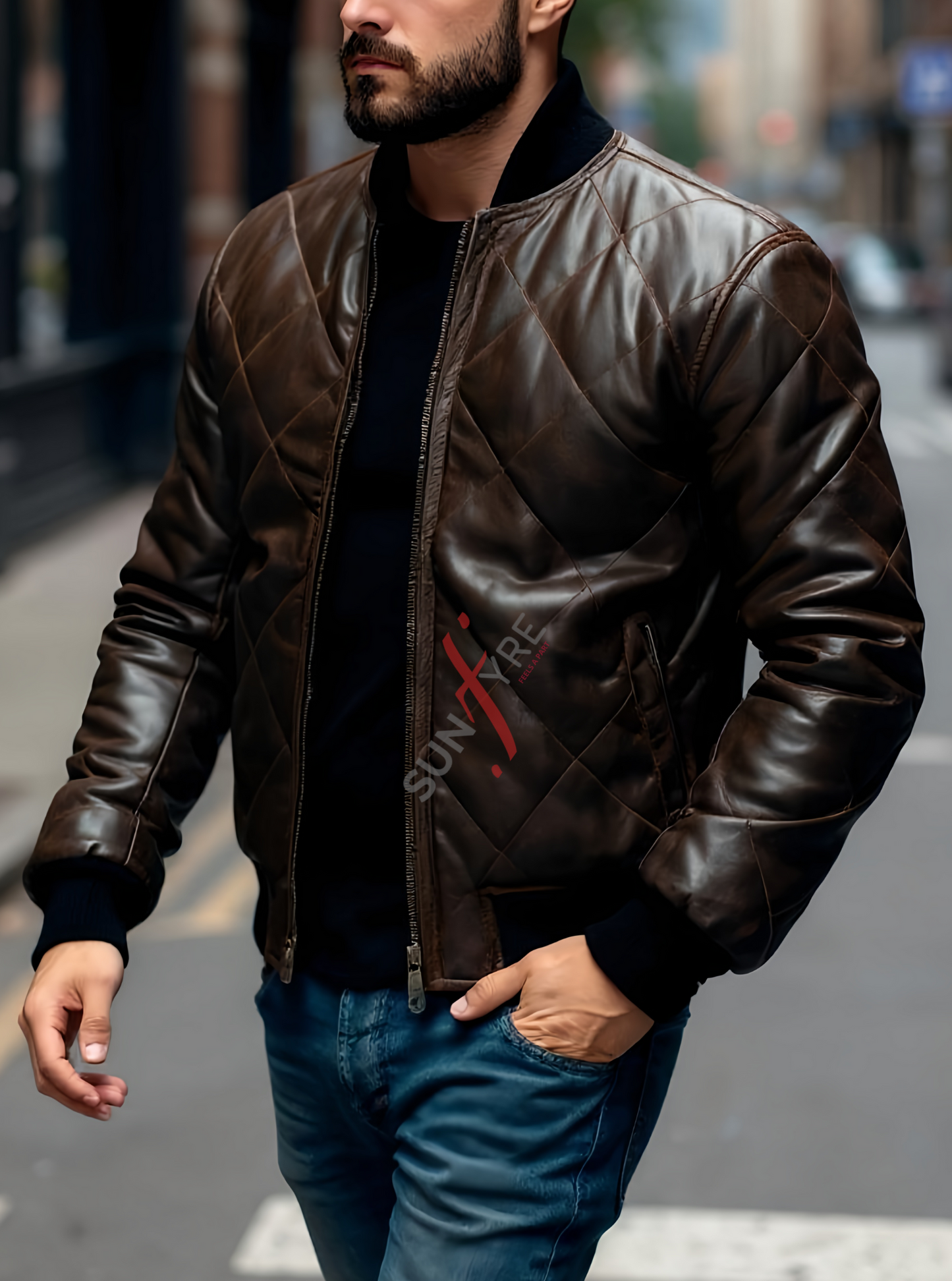 Quilted Dark Brown Bomber Leather Jacket For Men(SF617)