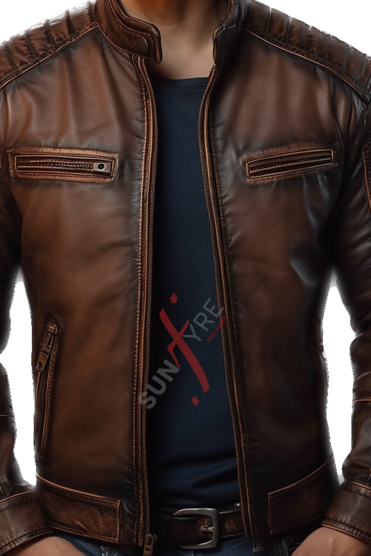 Sheepskin Cafe Racer Brown Distressed  Leather Jacket For Men