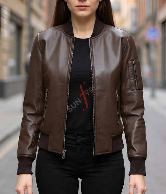 Dark Brown Leather Jacket For Women (SF323)