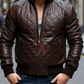 Quilted Brown Classic Bomber Leather Jacket For Men Real in Sheepskin (SF609)