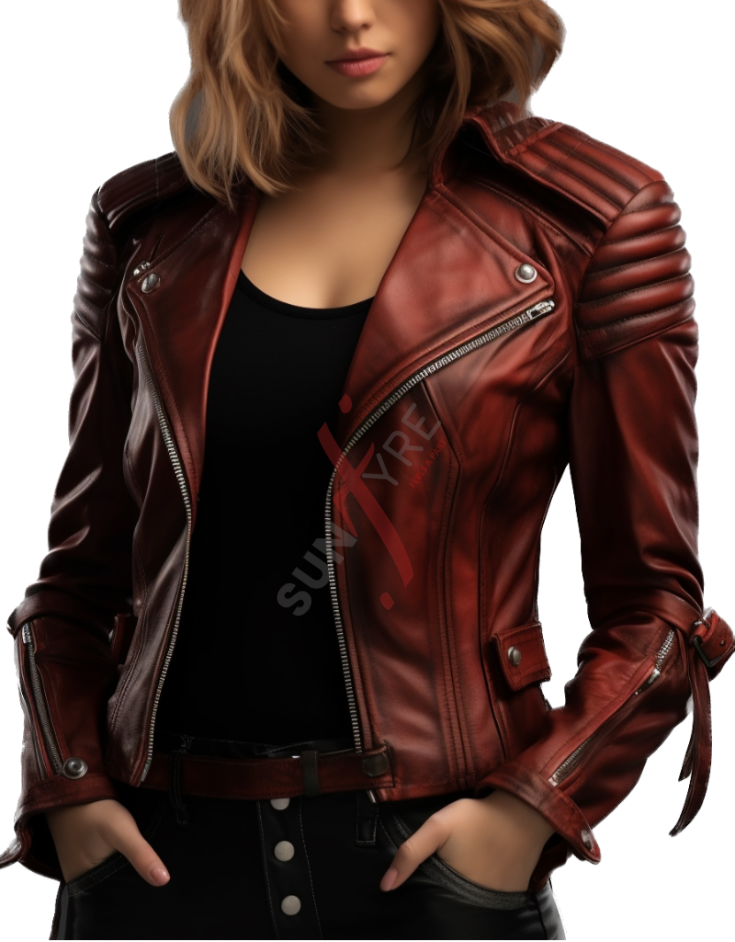 Asymmetrical Sheepskin Burgundy Distressed Leather Motorcycle Jacket For Women