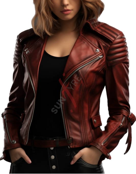 Asymmetrical Sheepskin Burgundy Distressed Leather Motorcycle Jacket For Women