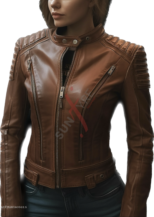 Tan leather jacket for women 