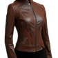 Light Brown Slim Fit Cafe Racer Leather Jacket For Women