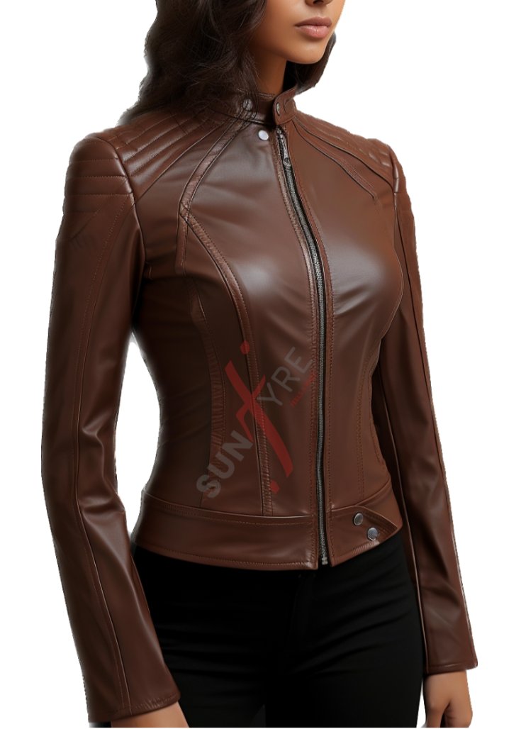 Light Brown Slim Fit Cafe Racer Leather Jacket For Women