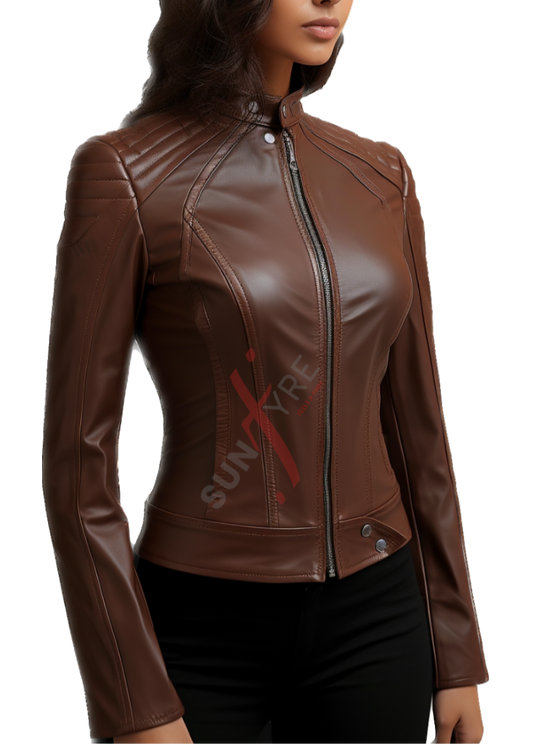 Light Brown Slim Fit Cafe Racer Leather Jacket For Women