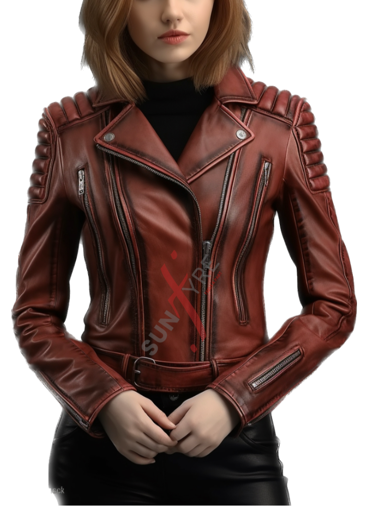 Burgundy leather biker jacket for women 