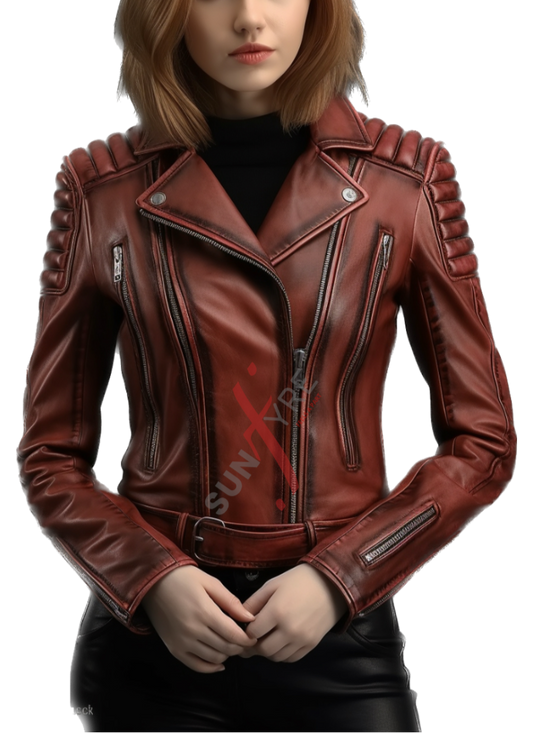 Burgundy leather biker jacket for women 