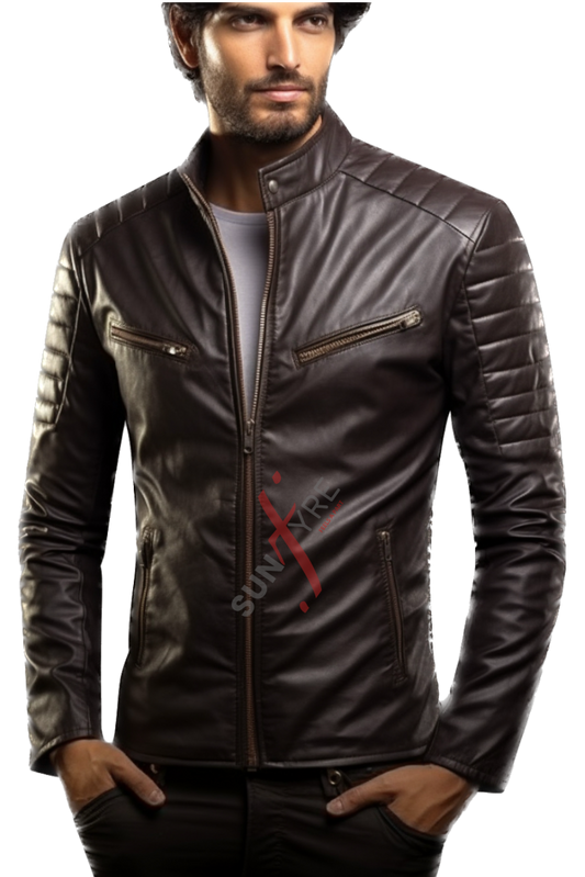 Real Lambskin Cafe Racer Brown Leather Biker Jacket For Men