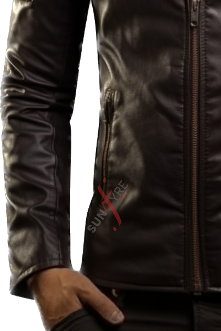 Real Lambskin  Brown Leather Biker Jacket For Men