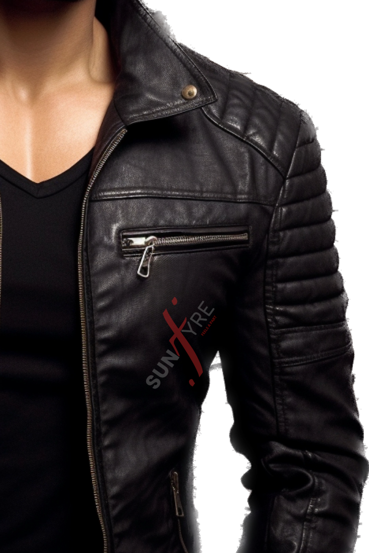 Black Snuffed Motorcycle Leather Jacket For Men