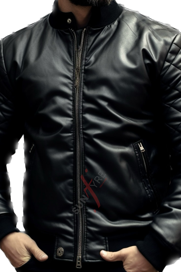 Sheepskin Quilted Black Bomber Leather Jacket For Men