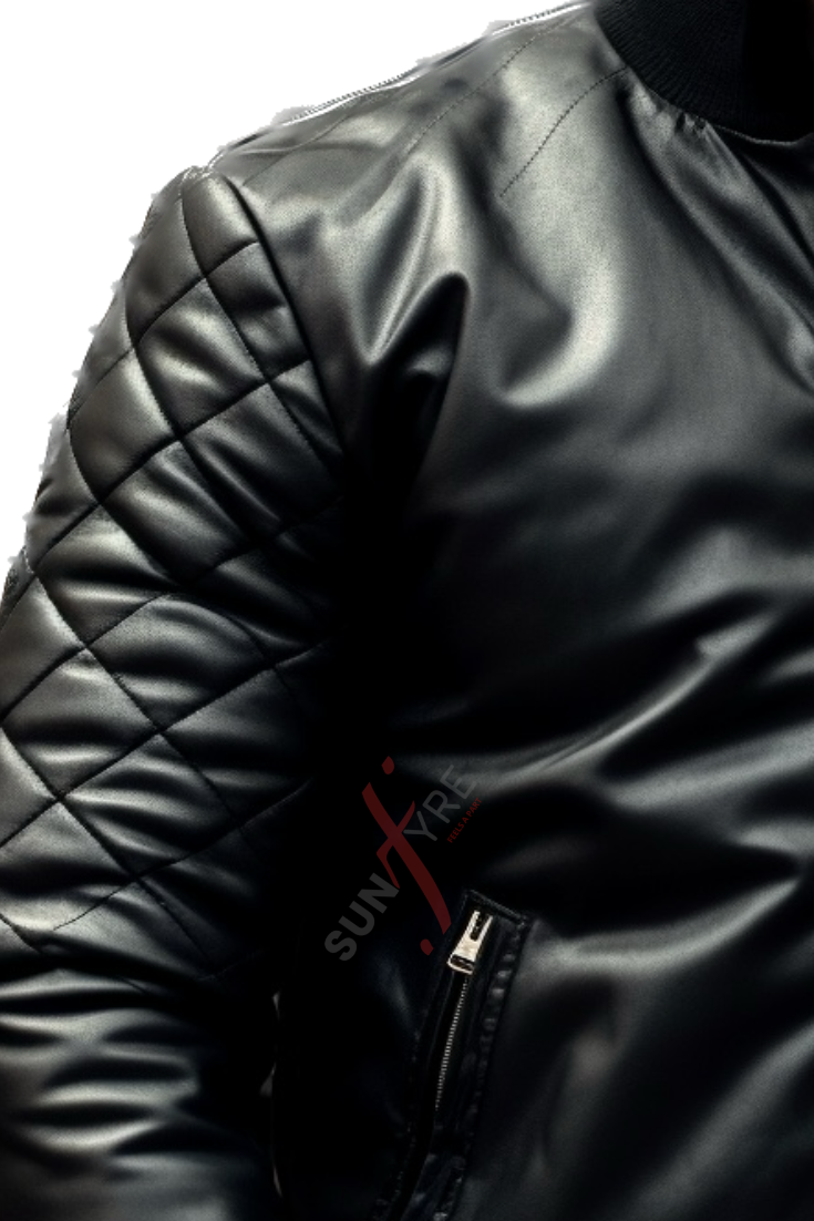 Quilted Black Bomber Leather Jacket For Men