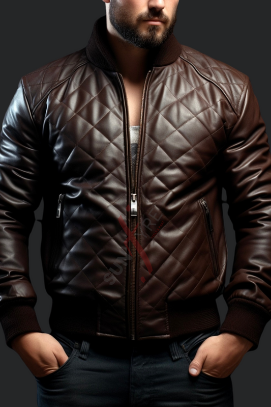 Real Sheepskin Quilted Brown Classic Bomber Leather Jacket For Men