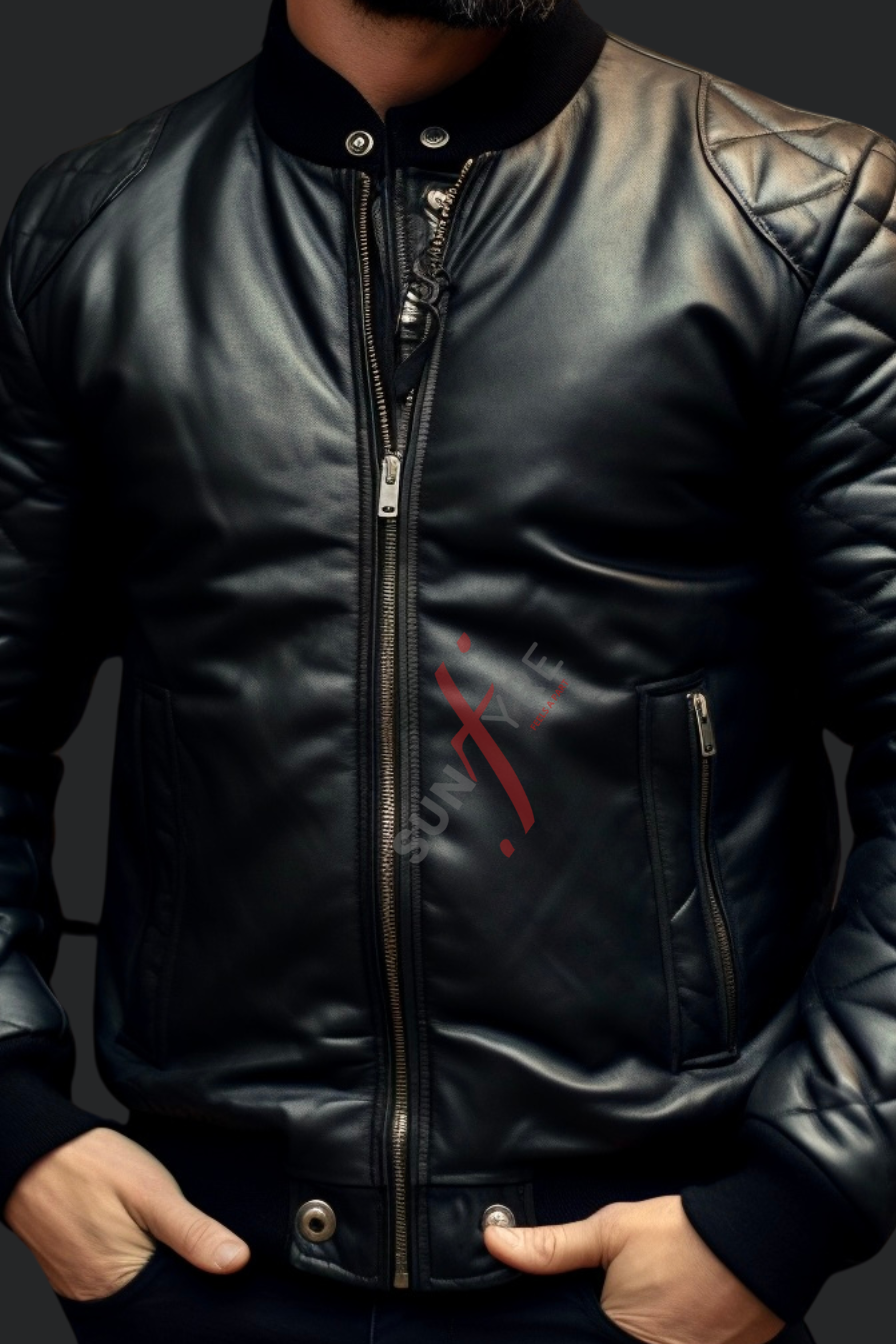 Black Bomber Leather Jacket For Men