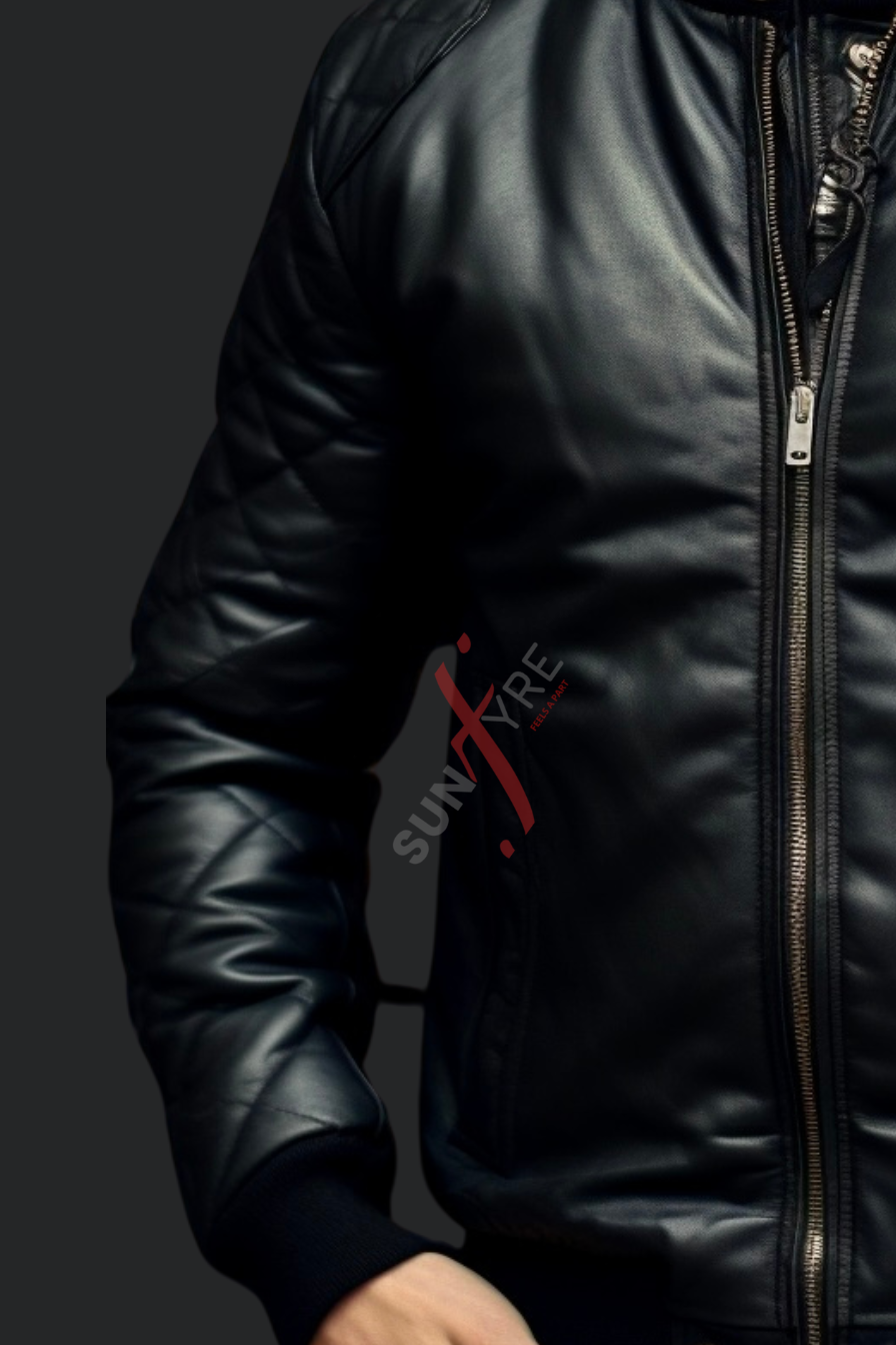 Real leather Black Bomber Jacket For Men