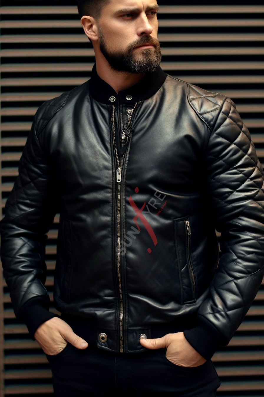 Real Sheepskin Black Bomber Leather Jacket For Men